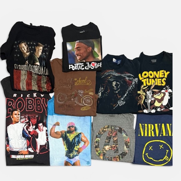 Unbranded Other - Graphic T-Shirt Lot Mens Small 9pc Nirvana Tupac Ricky Bobby Black Macho Man
